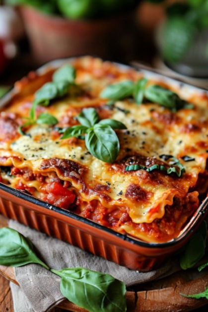 Homemade lasagna with melted cheese and basil garnish